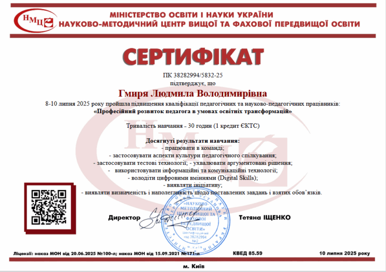 Гмиря Л.В. Підвищення кваліф. 8-10 липня 2025